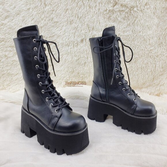 Ashes Black Matte Platform Goth Punk Mid Calf Combat Boots - Picture 10 of 14